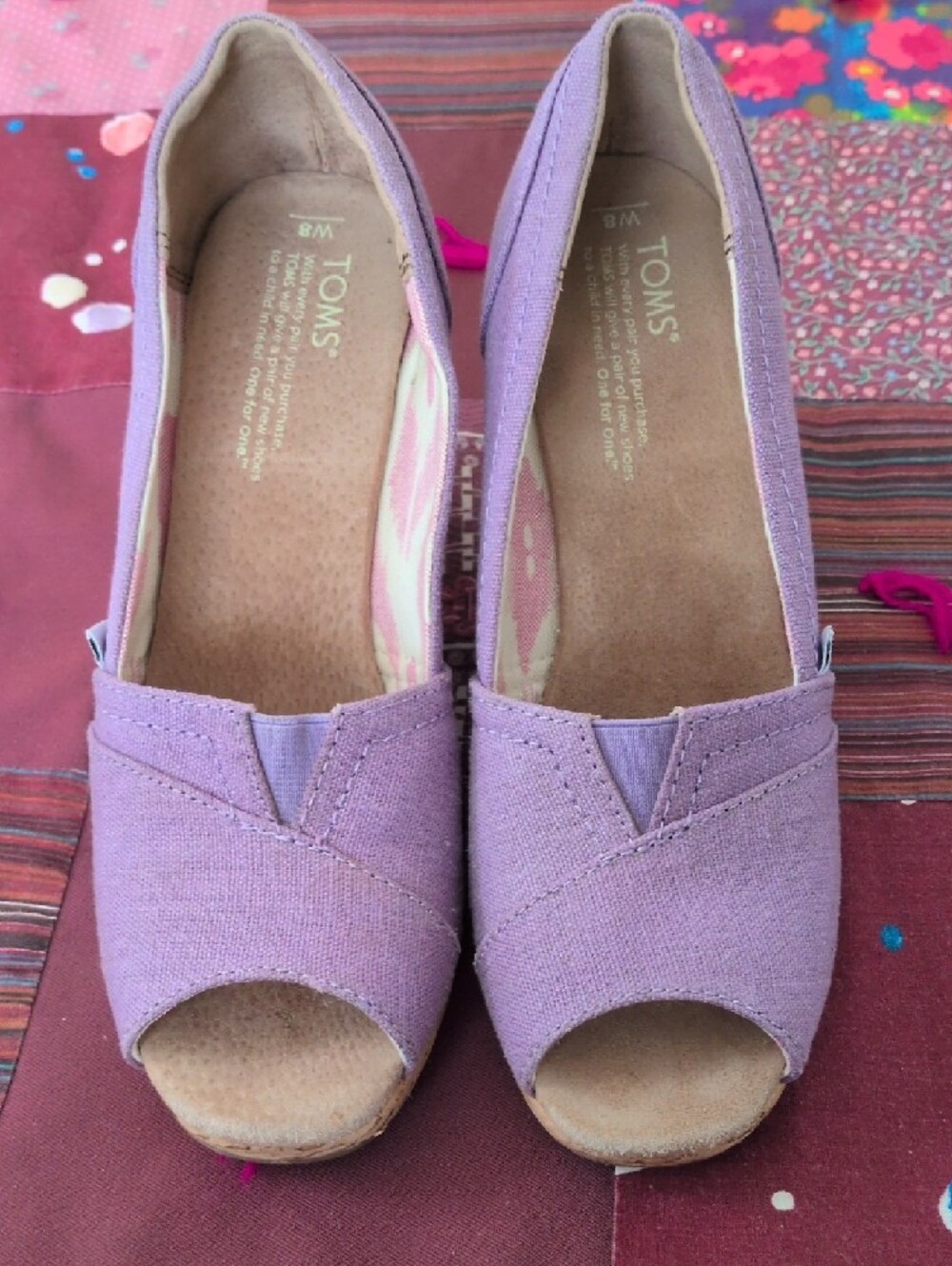 TOMS Lavender Canvas Cork Wedge Peep-Toe Shoes - Picture 2 of 9